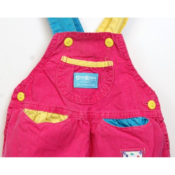Vtg 90s Oshkosh Pink Colorblock Overalls girls 2T Dancing Bear Woven Flower USA - Picture 3 of 11